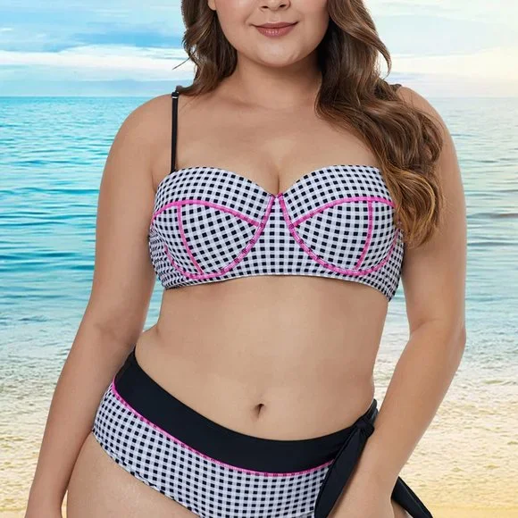 Dreamkue White Contrast Piping Tartan Printed Pattern Plus Size Bikini - Picture 3 of 6
